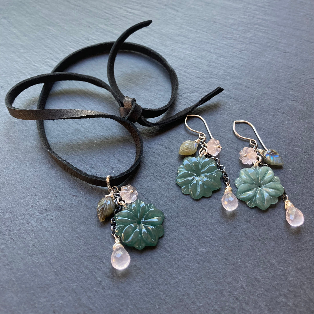 Guatemalan Jade & Sterling Silver Winter Succulent Deerskin Leather Choker