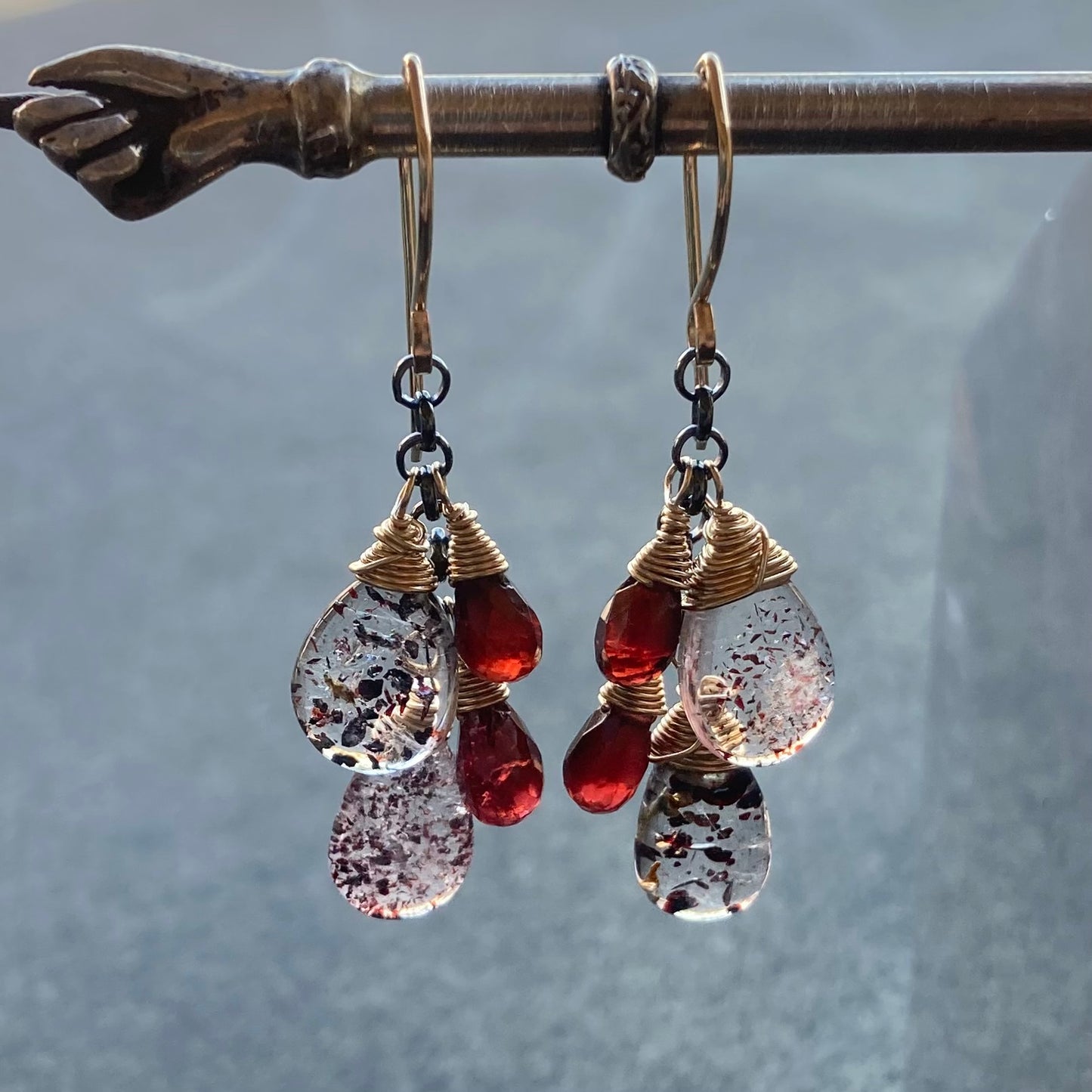 Lepidocrocite, Mozambique Garnet & Mixed Metal Cascade Earrings