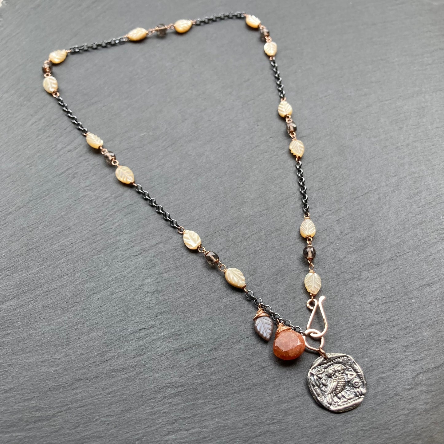 Multi Gemstone & Mixed Metal Athene Noctua Pendant Necklace
