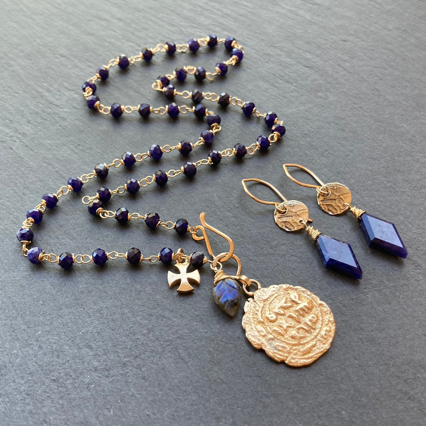 Sodalite, Gold & Bronze Coin Earrings