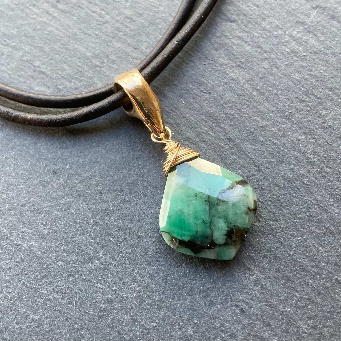 Natural Emerald & Bronze Leather Choker