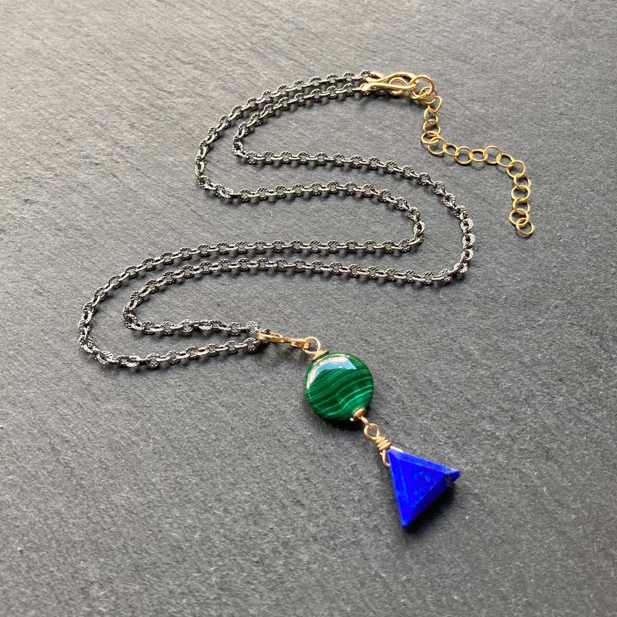 Lapis, Malachite & Mixed Metal Pendant Necklace
