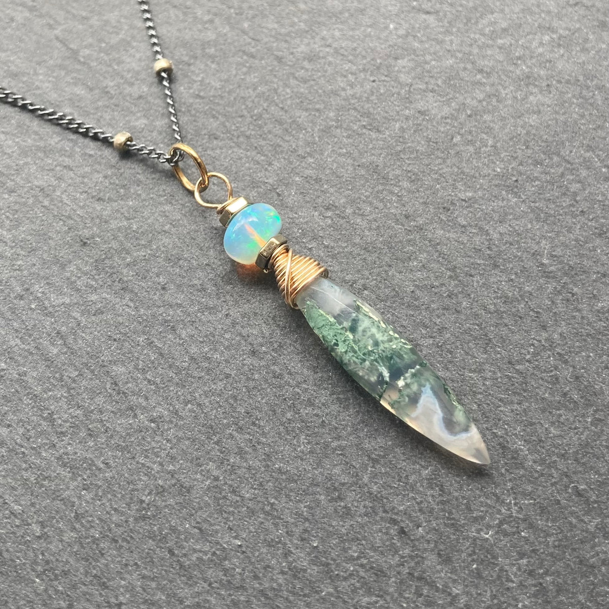 Moss Agate, Ethiopian Opal & Mixed Metal Pendant Necklace
