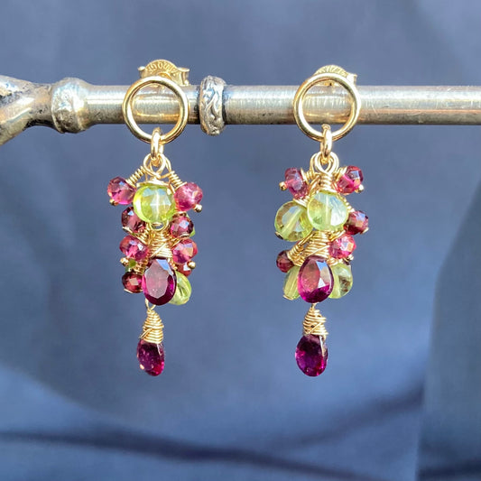 Peridot, Rhodolite, Rubelite & Gold Cascade Studs