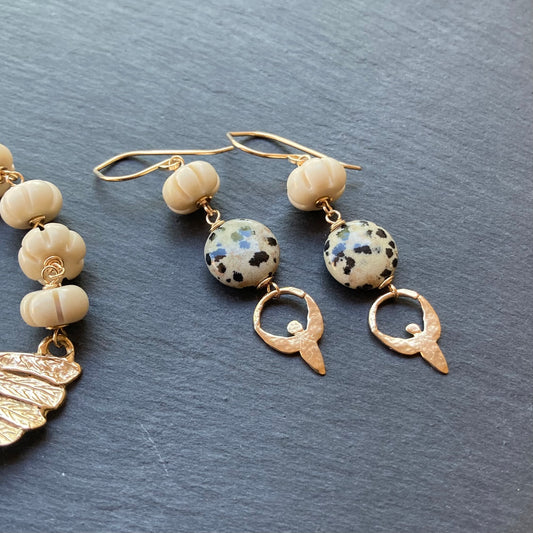 Dalmatian Jasper, Fossil Jasper, Gold & Bronze Goddess Earrings