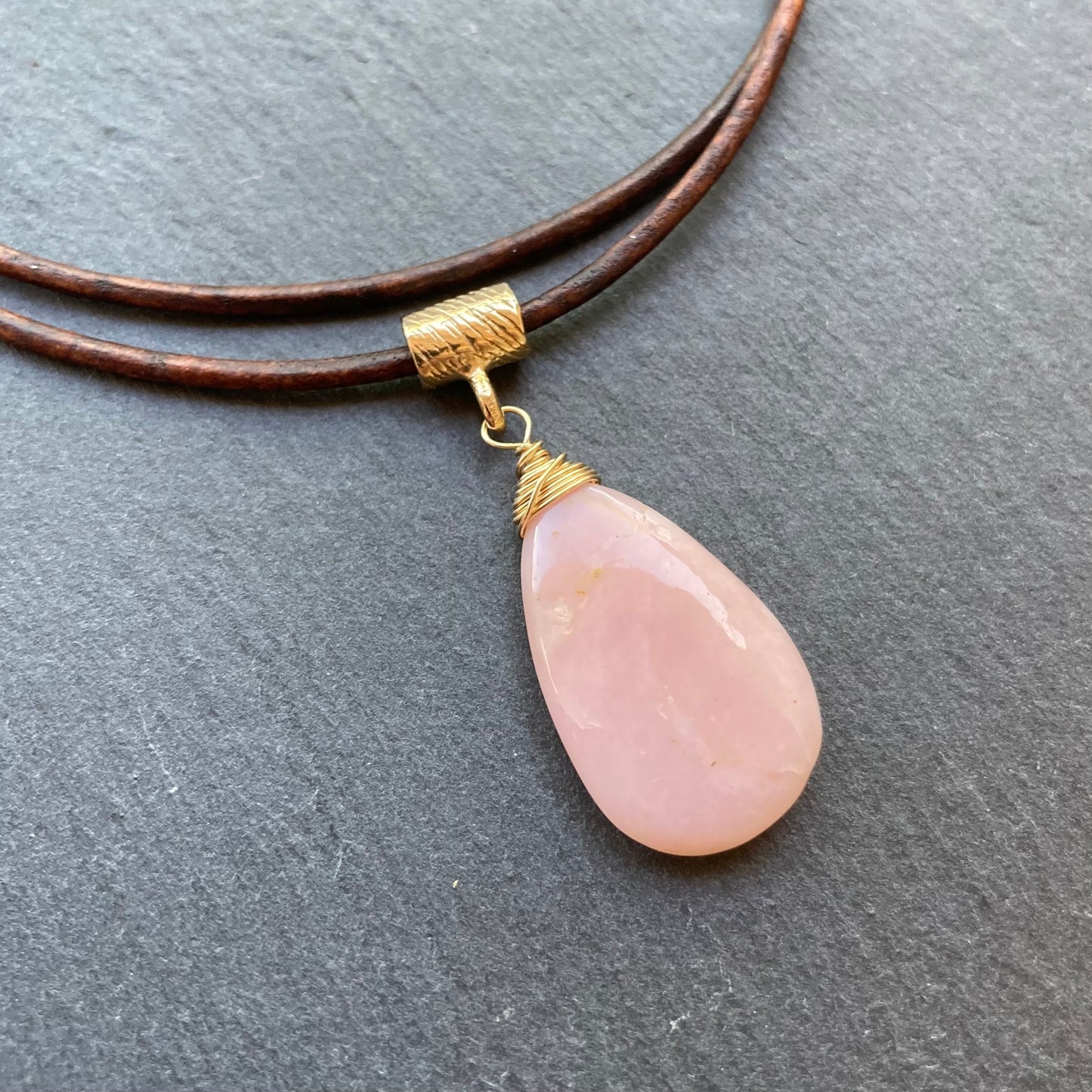 Pink Peruvian Opal & Bronze Leather Choker