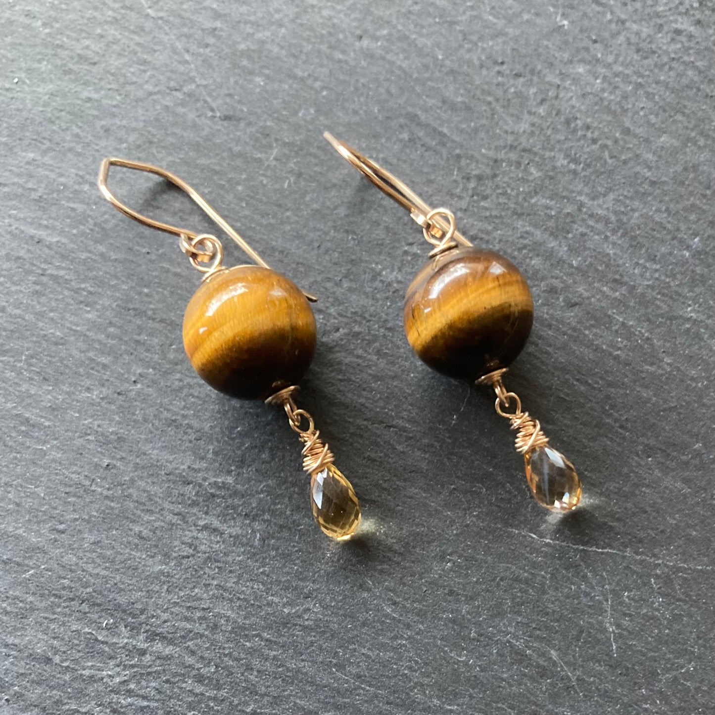 Tiger’s Eye, Citrine & Gold Earrings