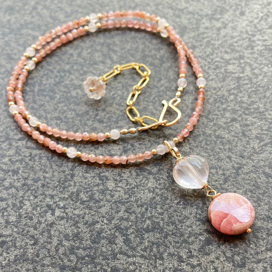 Rhodochrosite, Rose Quartz & Gold Sunrise Pendant Necklace