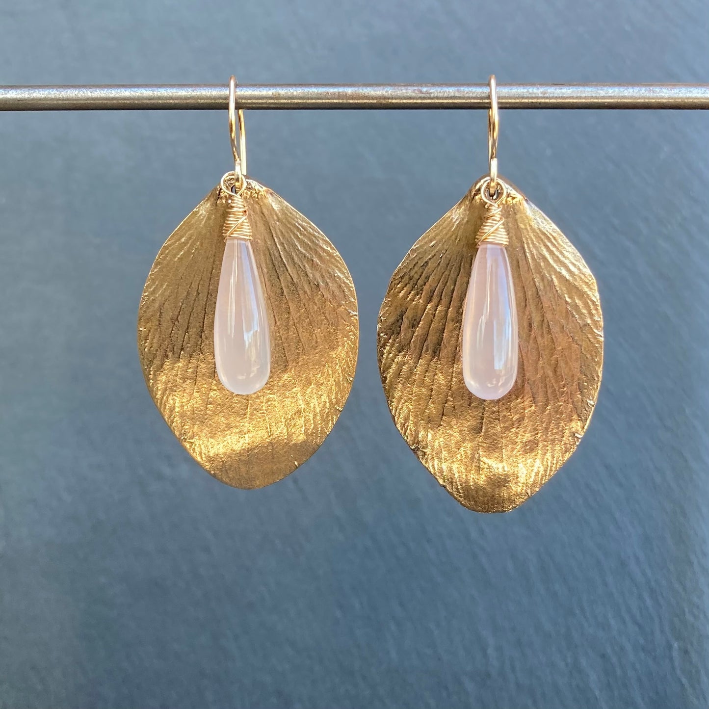 Rose Quartz, Gold & Bronze Rose Petal Earrings