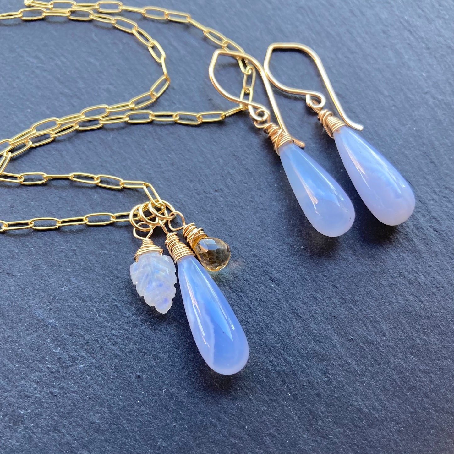 Blue Lace Agate, Rainbow Moonstone, Citrine & Gold Charm Necklace