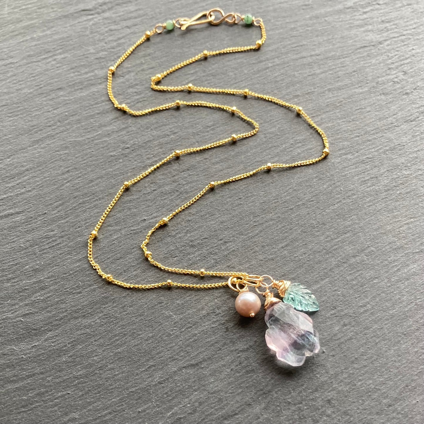 Rainbow Fluorite, Emerald, Pearl & Gold Charm Necklace