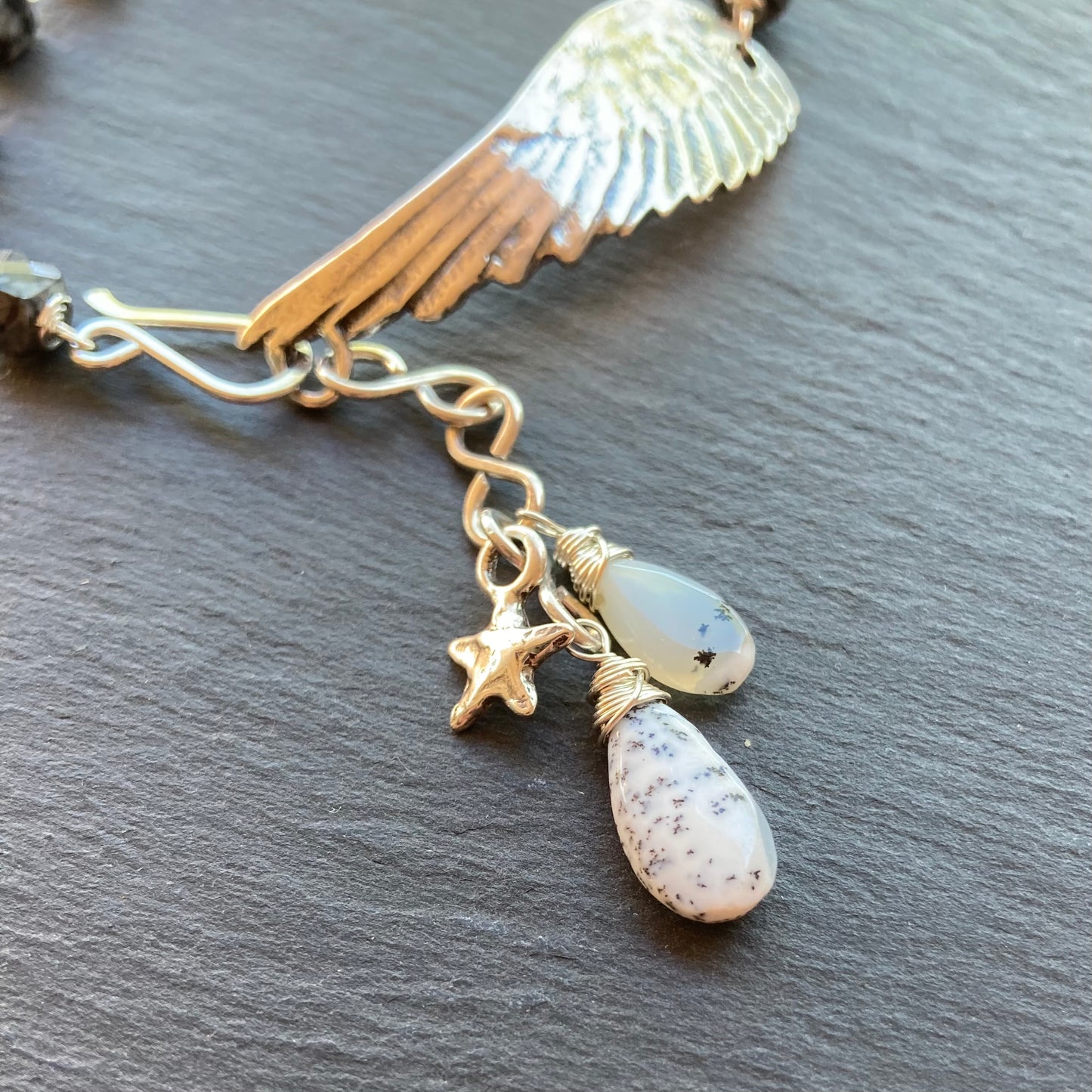 Snowflake Obsidian, Dendritic Opal & Sterling Silver Winged Goddess Bracelet