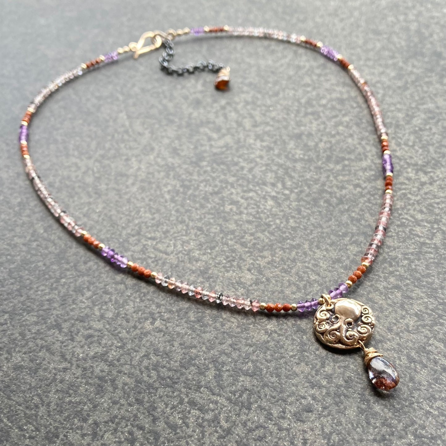 Cacoxenite, Amethyst & Mixed Metal Kraken Coin Necklace