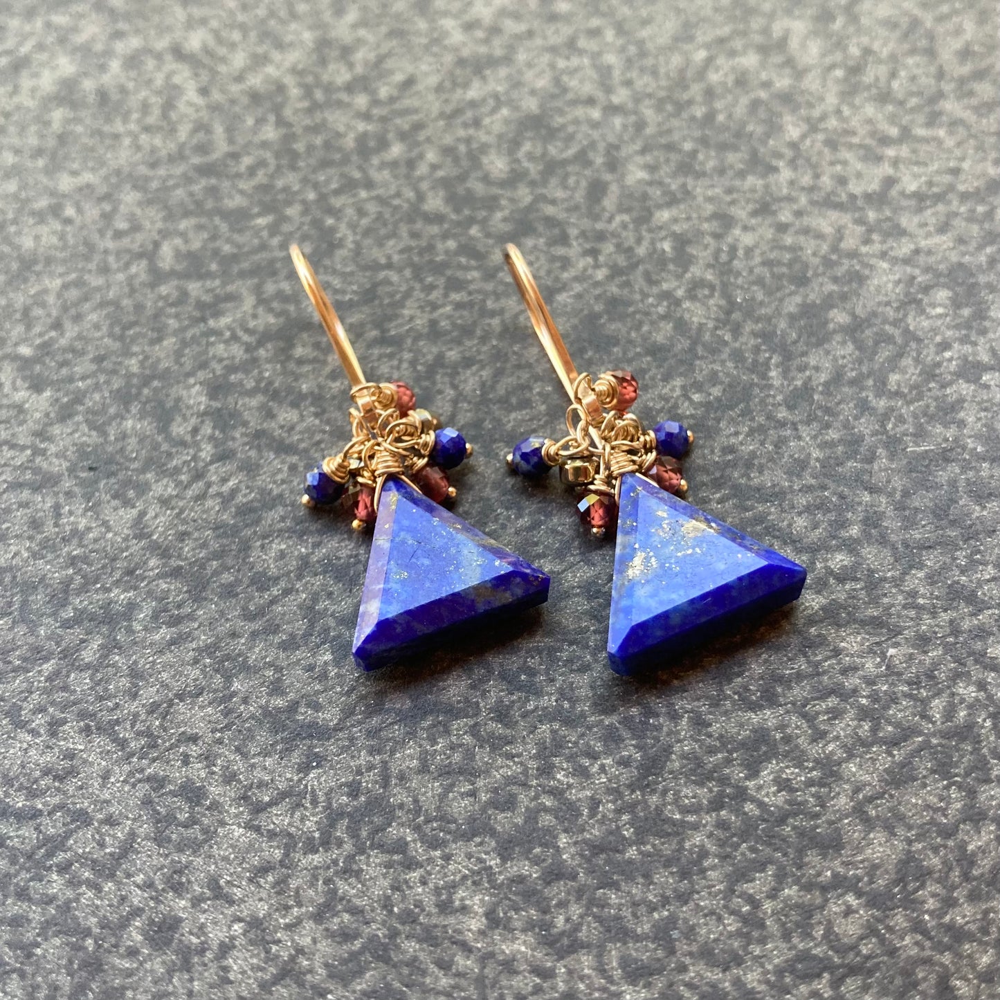 Lapis, Mozambique Garnet, Pyrite & Gold Triangle Cluster Earrings