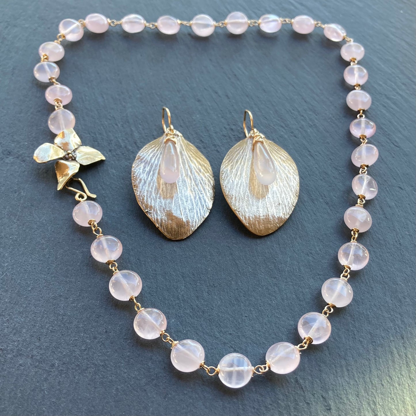 Rose Quartz, Gold & Bronze Evening Primrose Necklace