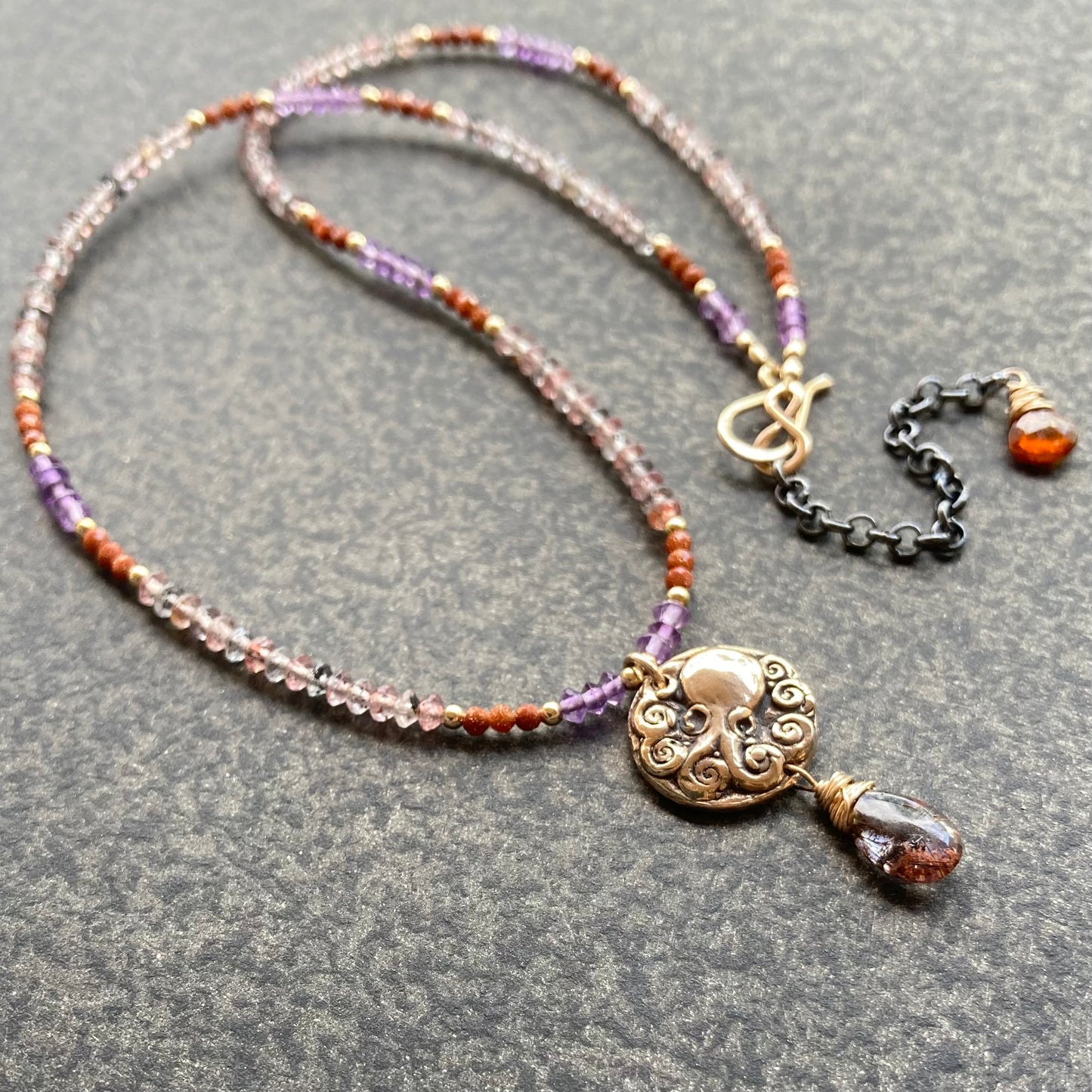 Cacoxenite, Amethyst & Mixed Metal Kraken Coin Necklace