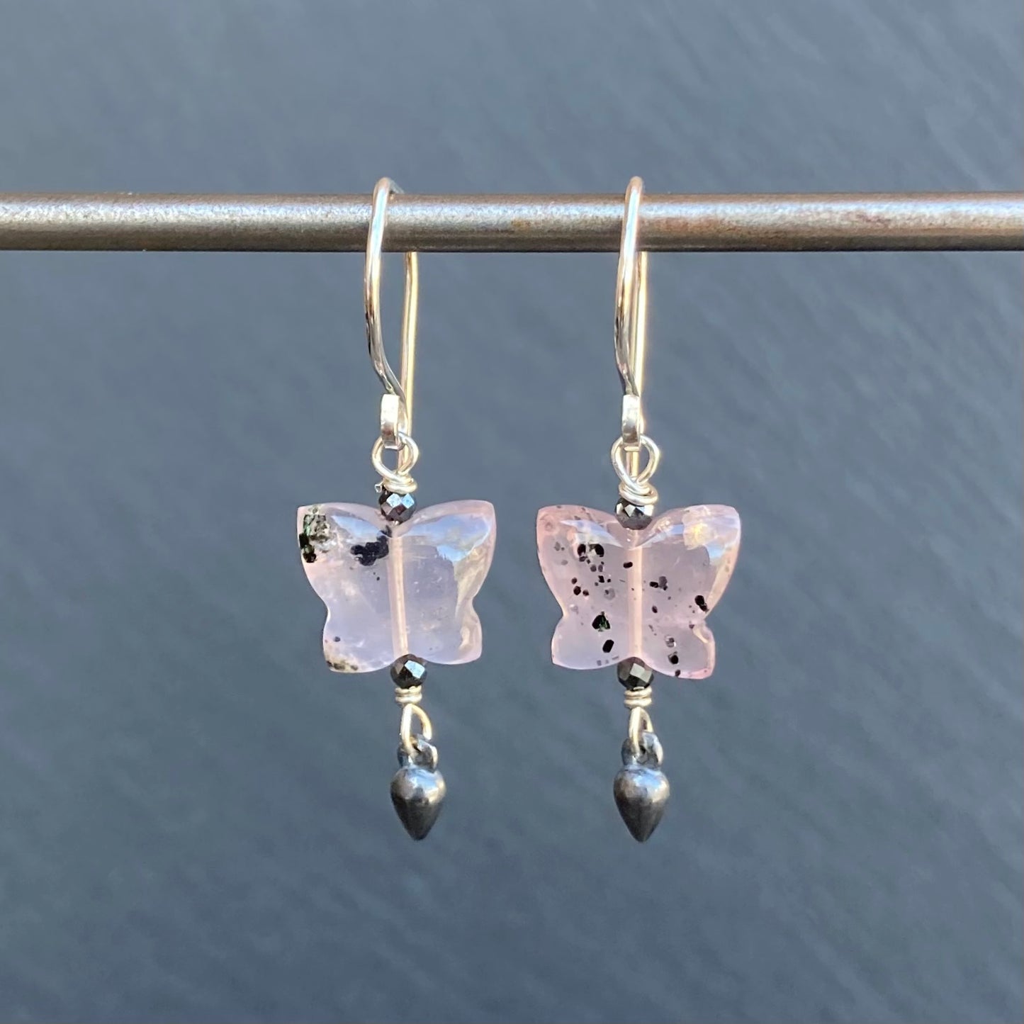 Hematite in Rose Quartz & Sterling Silver Butterfly Earrings