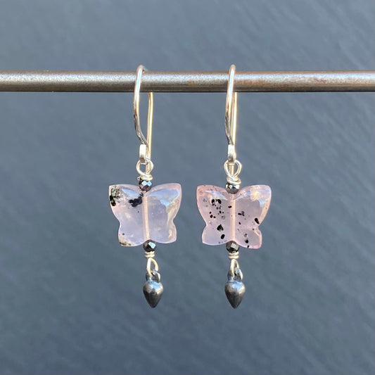 Hematite in Rose Quartz & Sterling Silver Butterfly Earrings