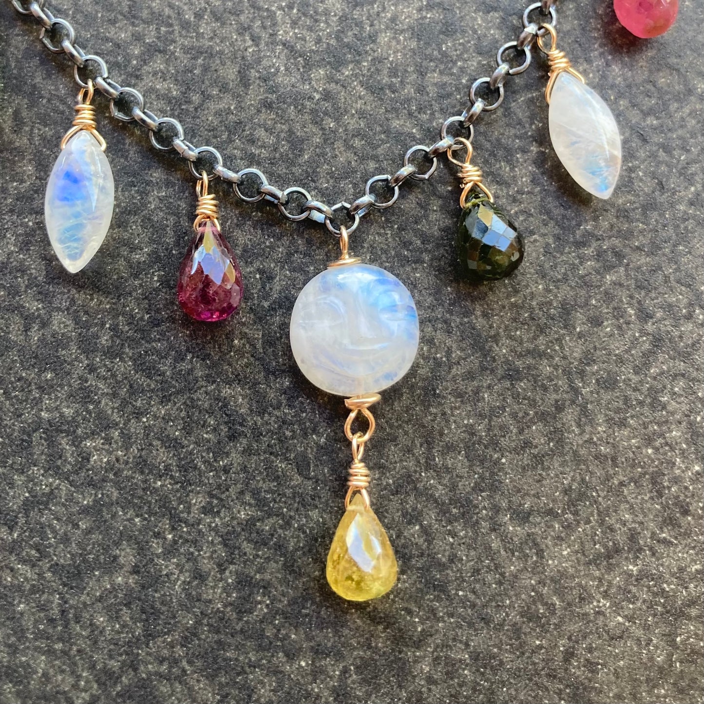 Rainbow Moonstone, Multicolor Tourmaline & Mixed Metal Full Moon Charm Choker