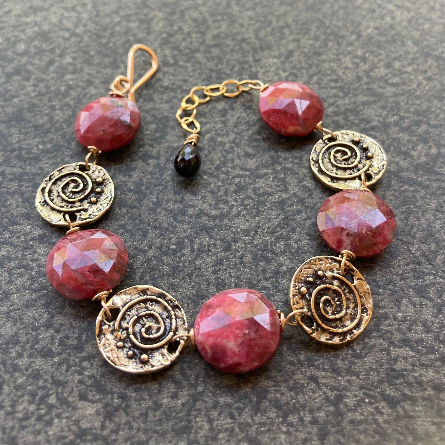 Thulite & Bronze Spiral Coin Bracelet