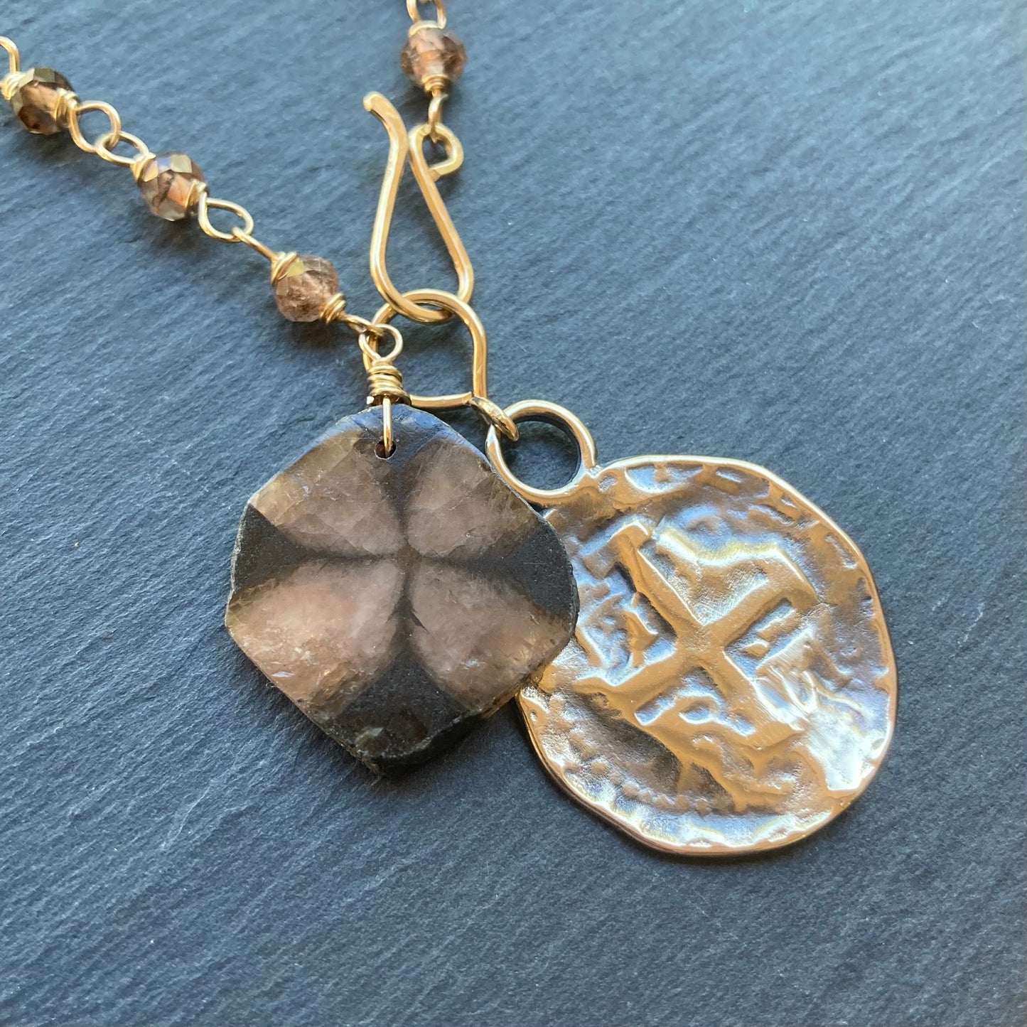 Andalusite, Chiastolite, Gold & Bronze Spanish Coin Necklace