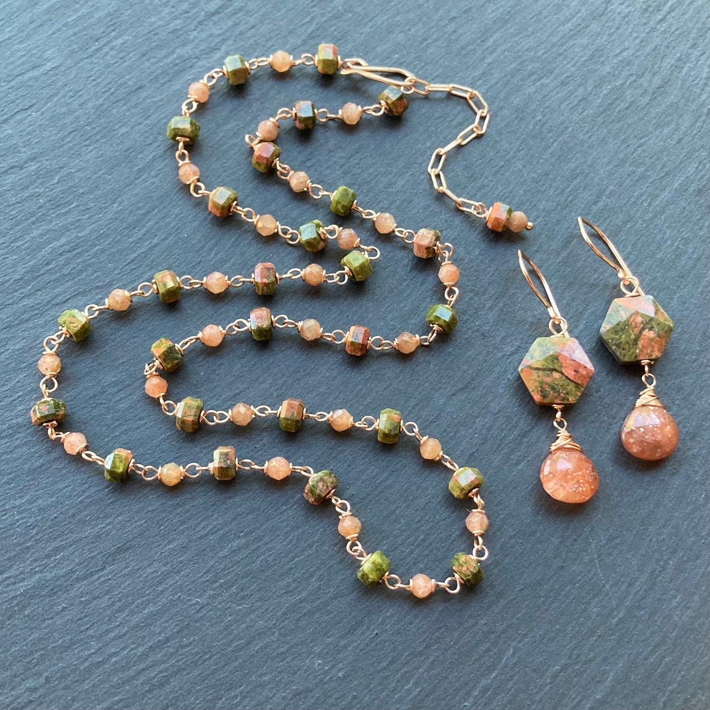 Unakite, Sunstone & Rose Gold Necklace