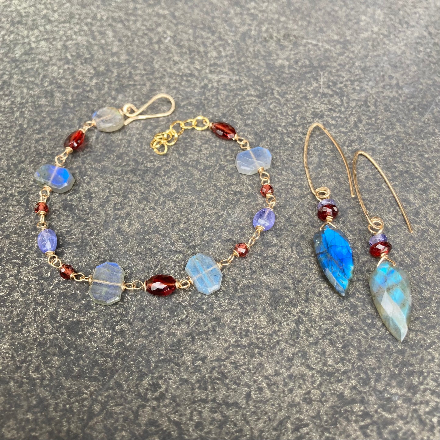 Labradorite, Mozambique Garnet, Tanzanite & 14k Gold Bracelet