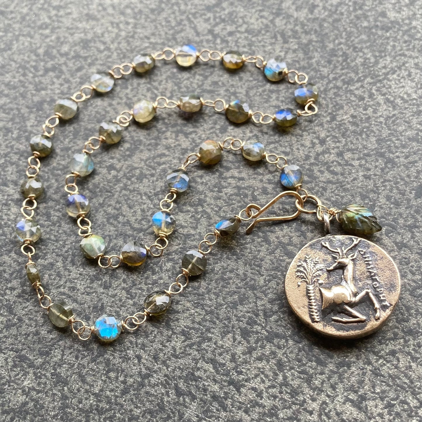 Labradorite & Mixed Metal Sacred Deer & Bee of Artemis Coin Choker