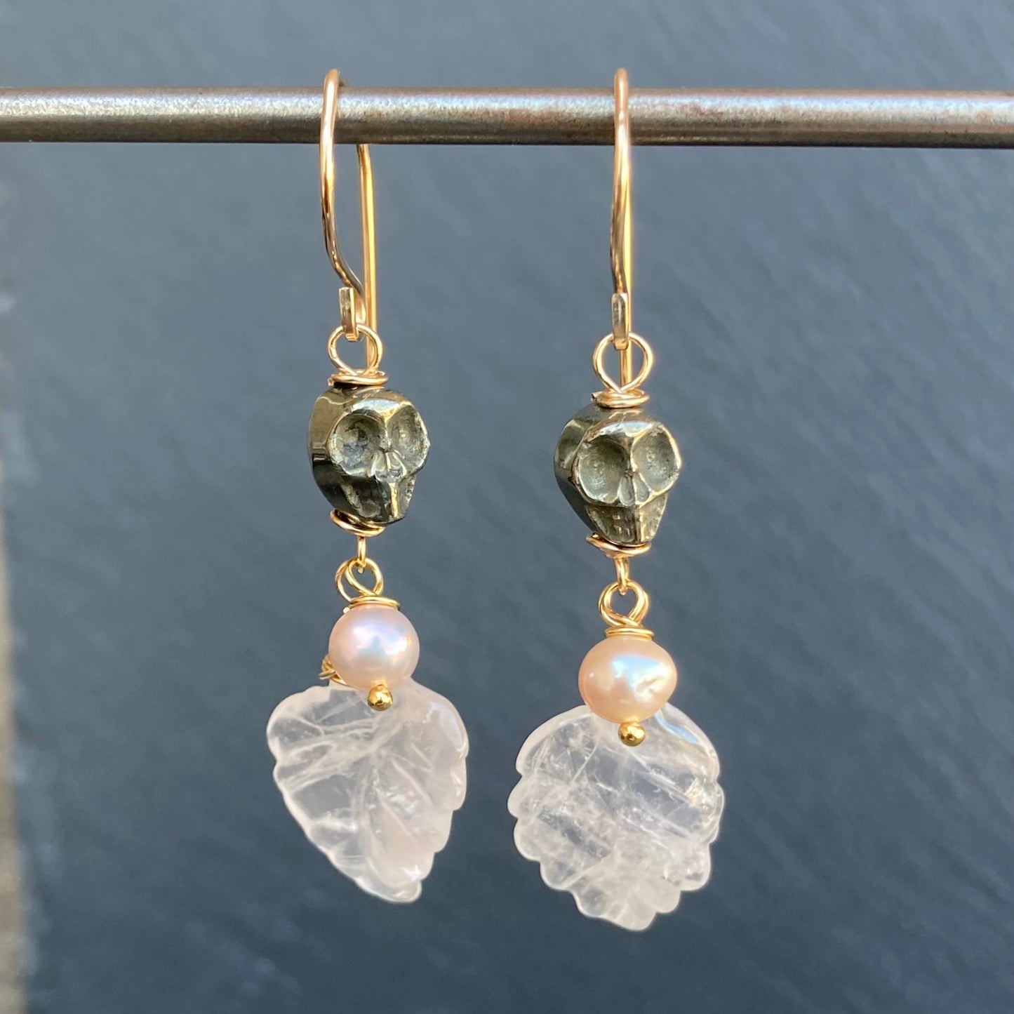 Rose Quartz, Pyrite & Gold Calavera Earrings