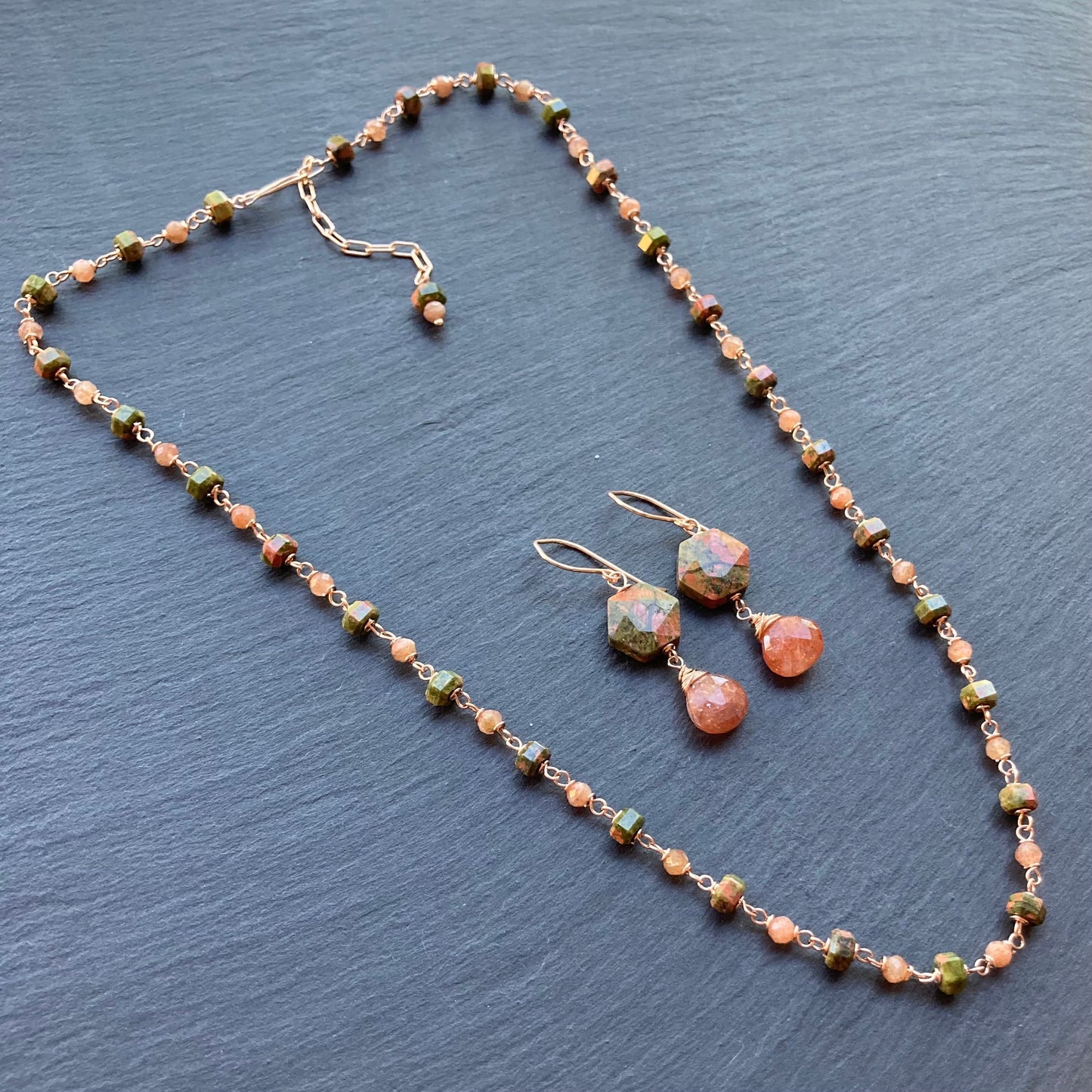 Unakite, Sunstone & Rose Gold Necklace