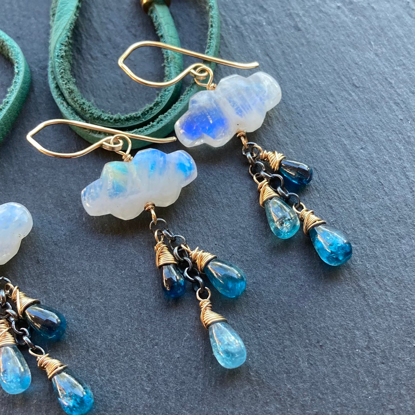 Rainbow Moonstone, Kyanite & Mixed Metal Monsoon Earrings