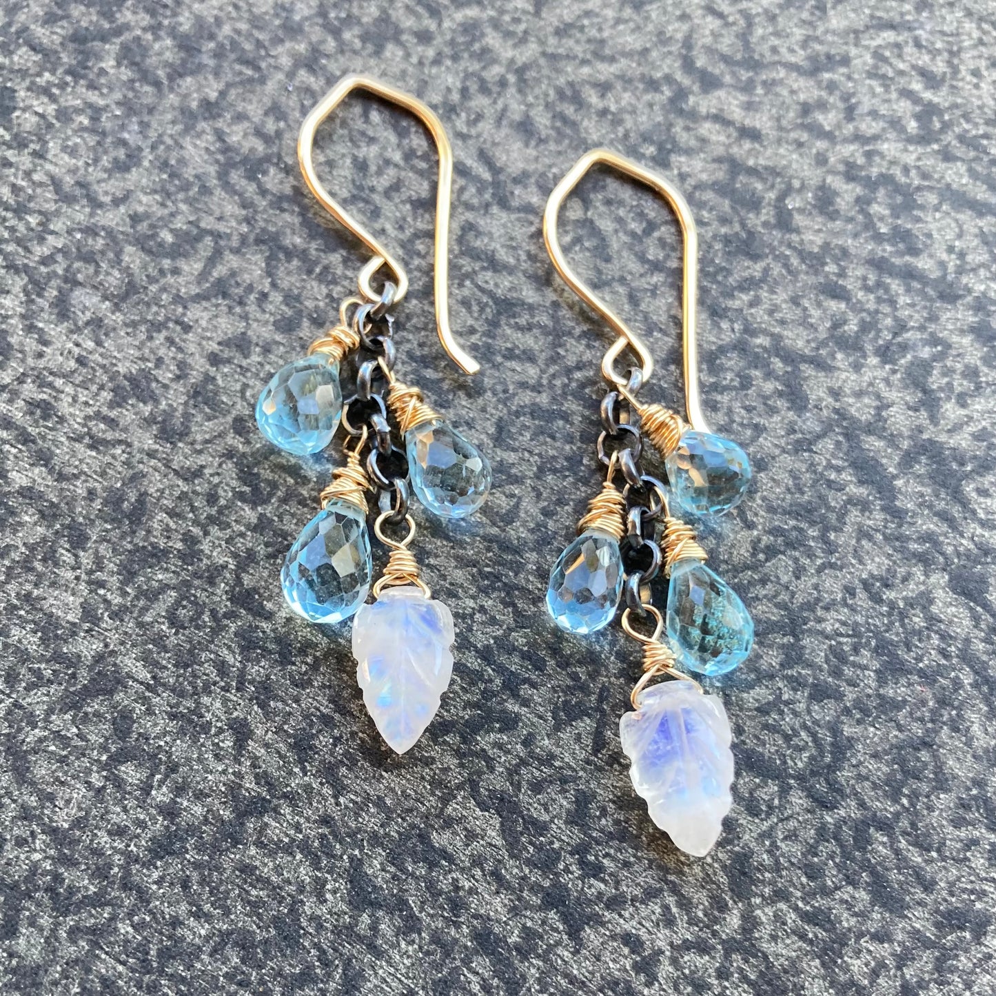 Blue Topaz, Rainbow Moonstone Leaf & Mixed Metal Cascade Earrings