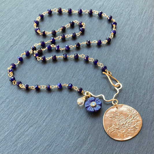 Sodalite, Gold & Bronze Fledgling Coin Charm Necklace