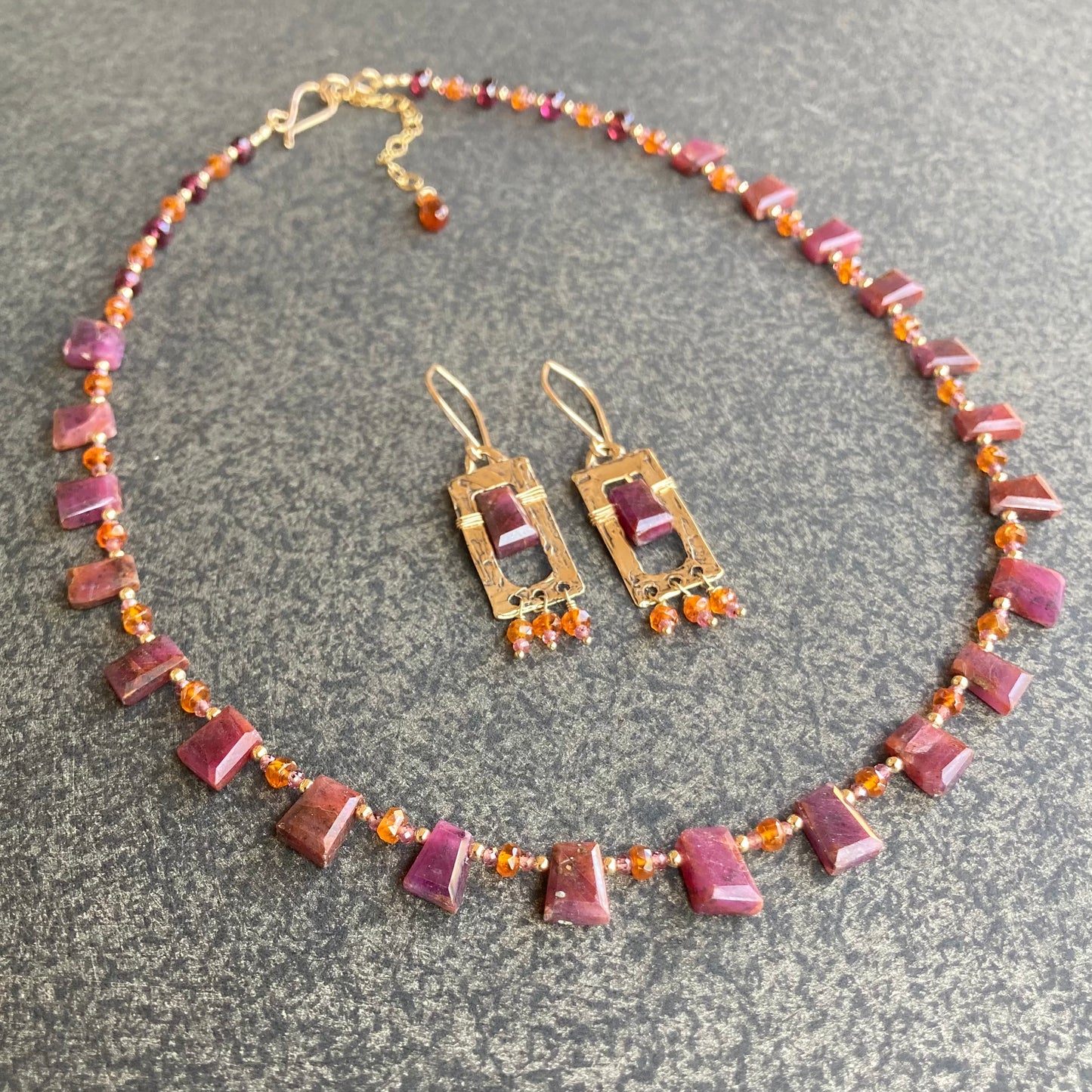 Natural African Ruby, Orange Kyanite, Rhodolite & Gold Choker