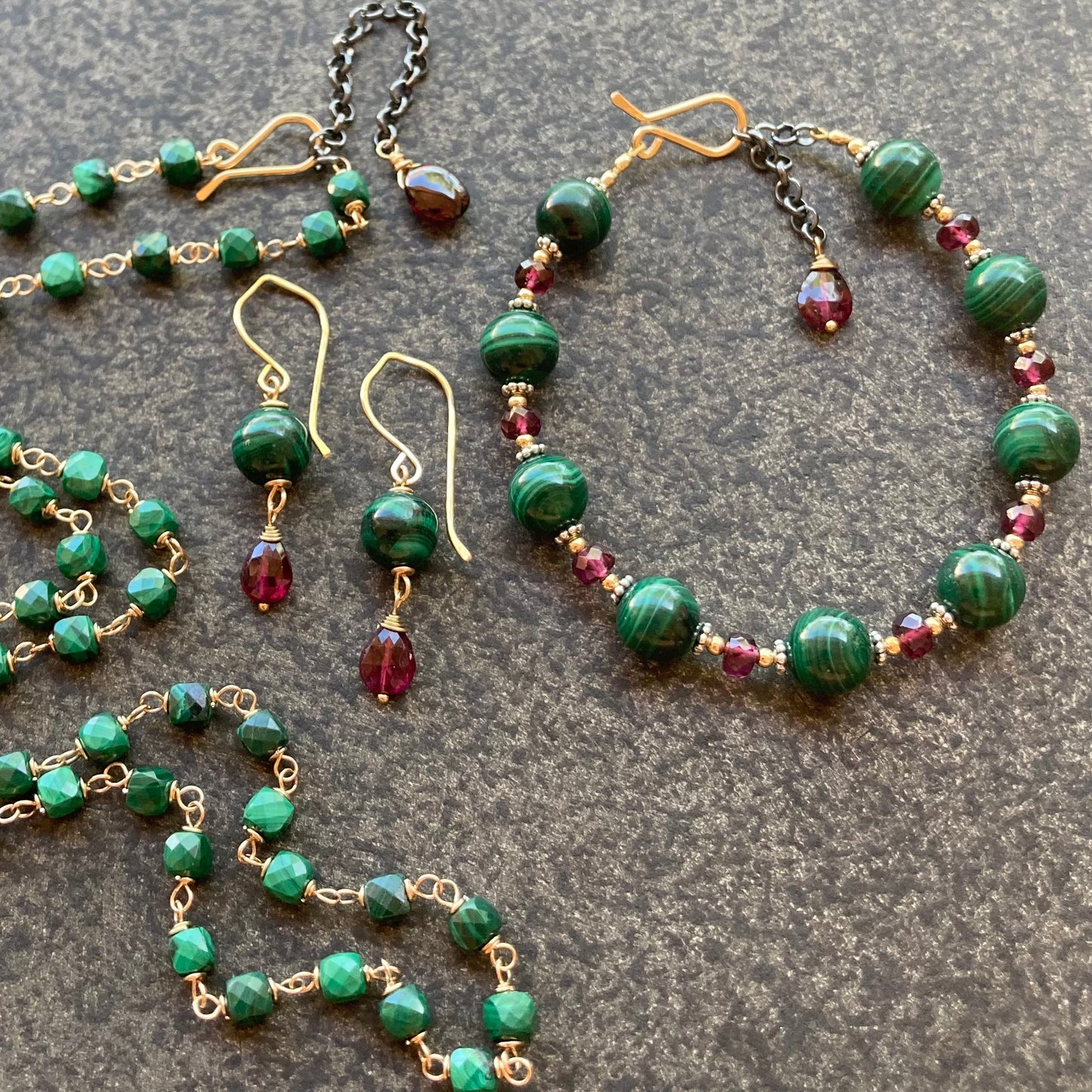 Malachite, Rhodolite & Mixed Metal Bracelet