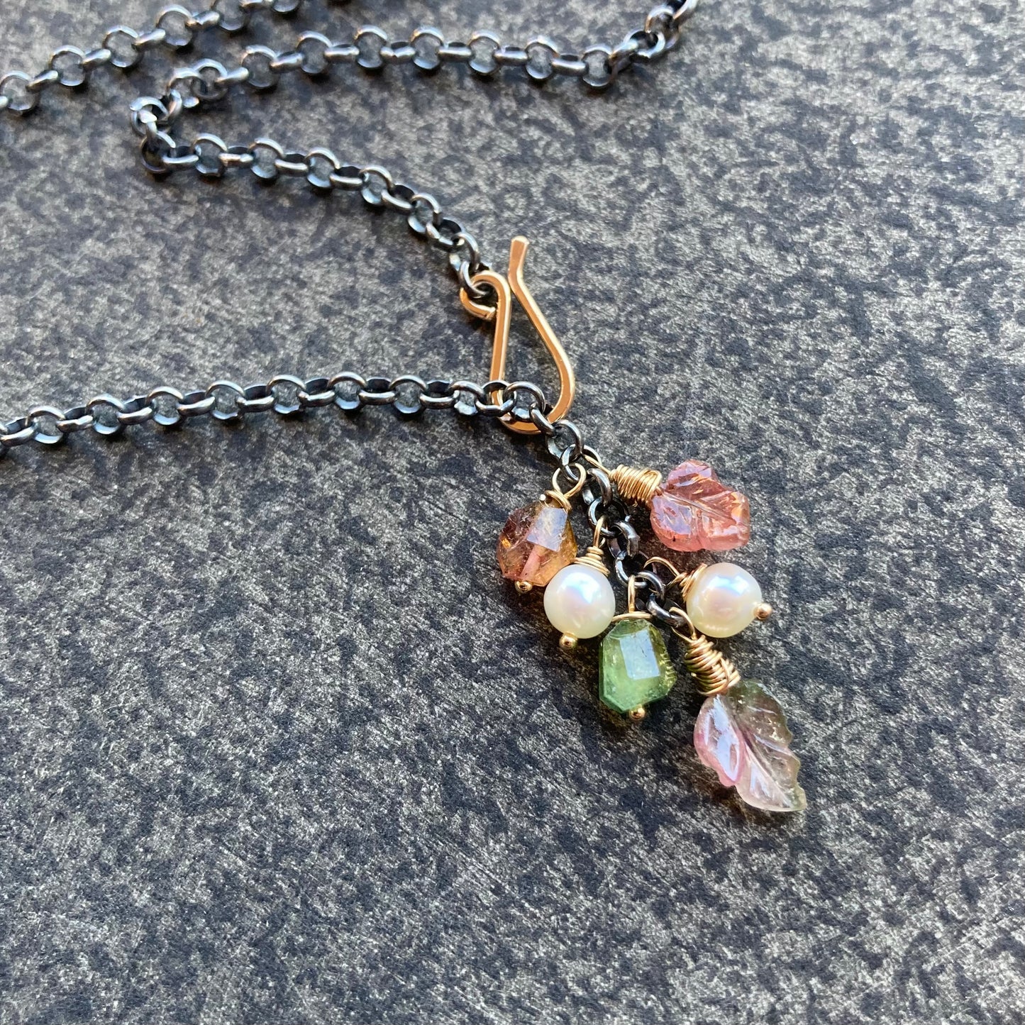 Watermelon Tourmaline, Freshwater Pearl & Mixed Metal Leaf Lariat Necklace