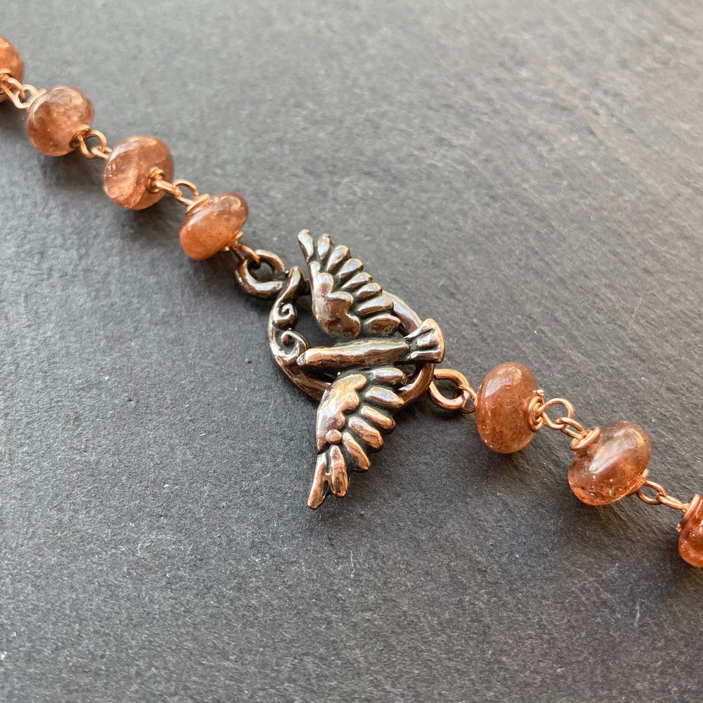 Sunstone, Rose Gold & Shibuichi Bird Toggle Necklace