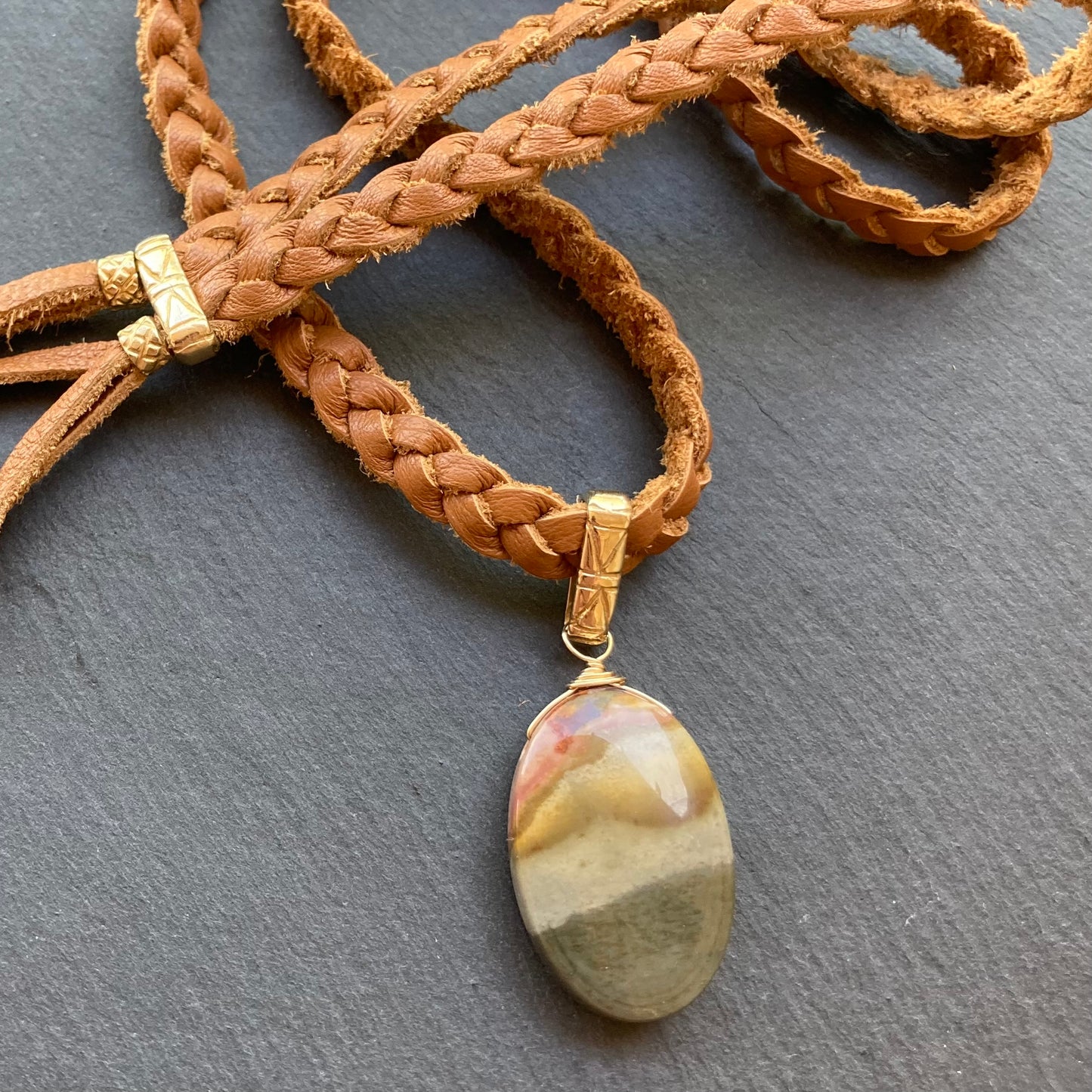 Polychrome Jasper & Bronze Braided Deertan Leather Choker