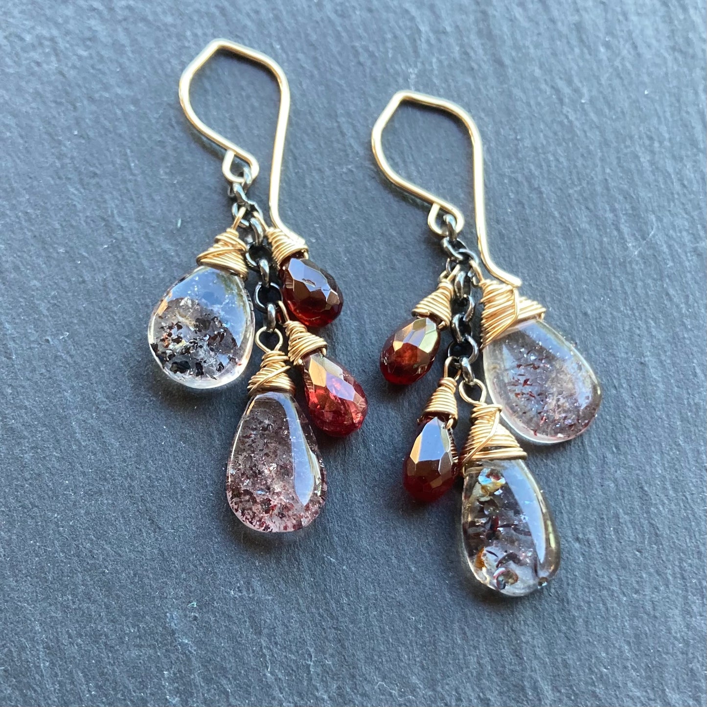 Lepidocrocite, Mozambique Garnet & Mixed Metal Cascade Earrings