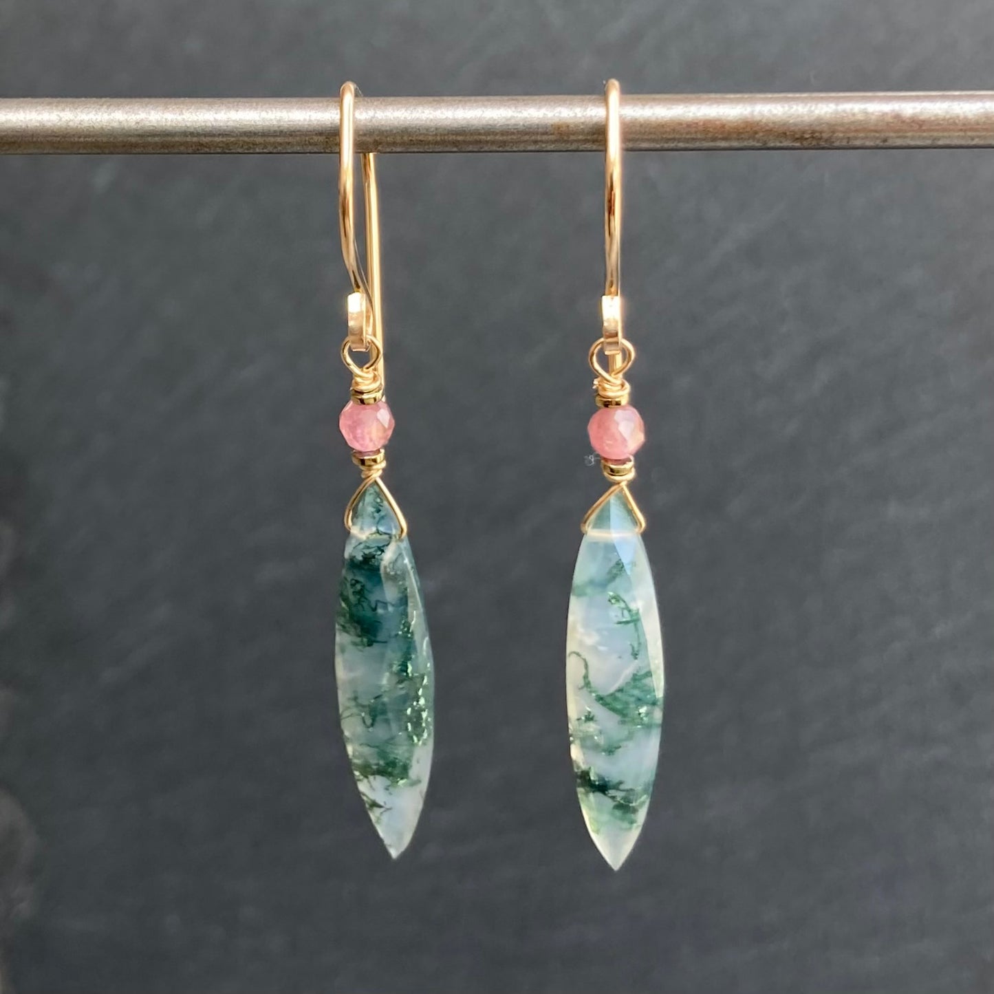 Moss Agate & Gold Marquis Earrings