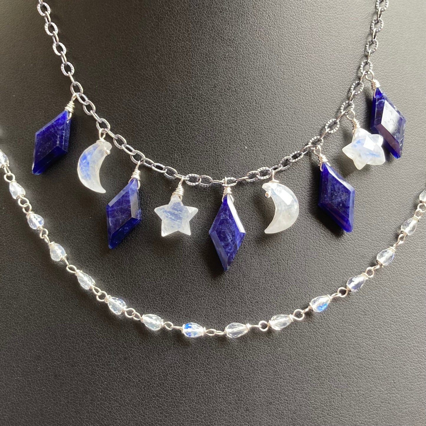 Rainbow Moonstone, Sodalite & Sterling Silver Alternate Universe Charm Choker