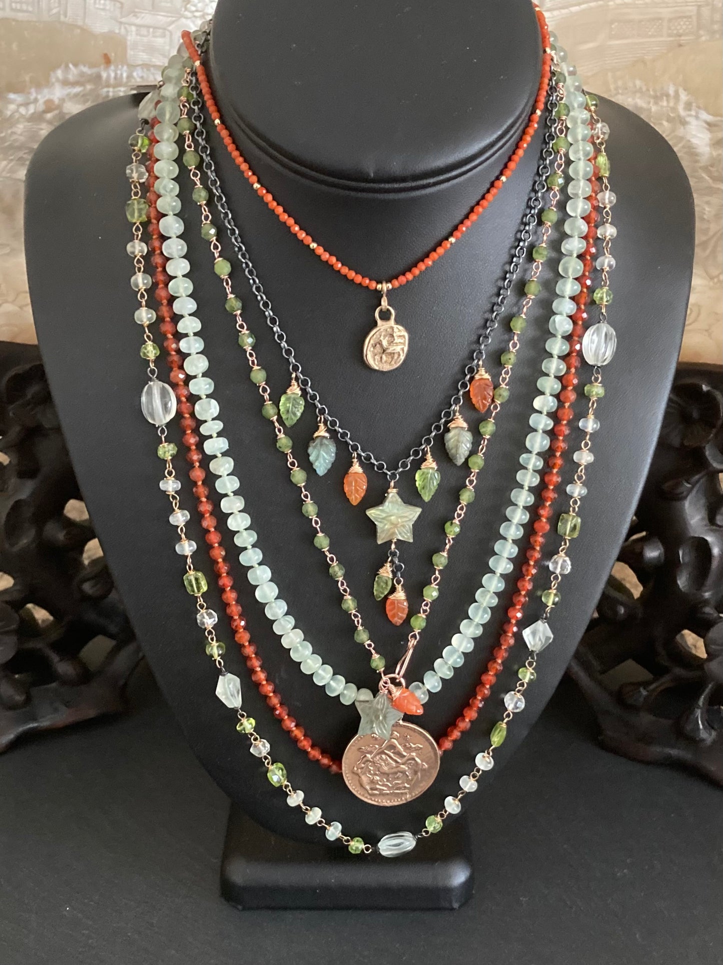 Nephrite Jade, Rose Gold & Bronze Tibetan Snow Lion Coin Necklace