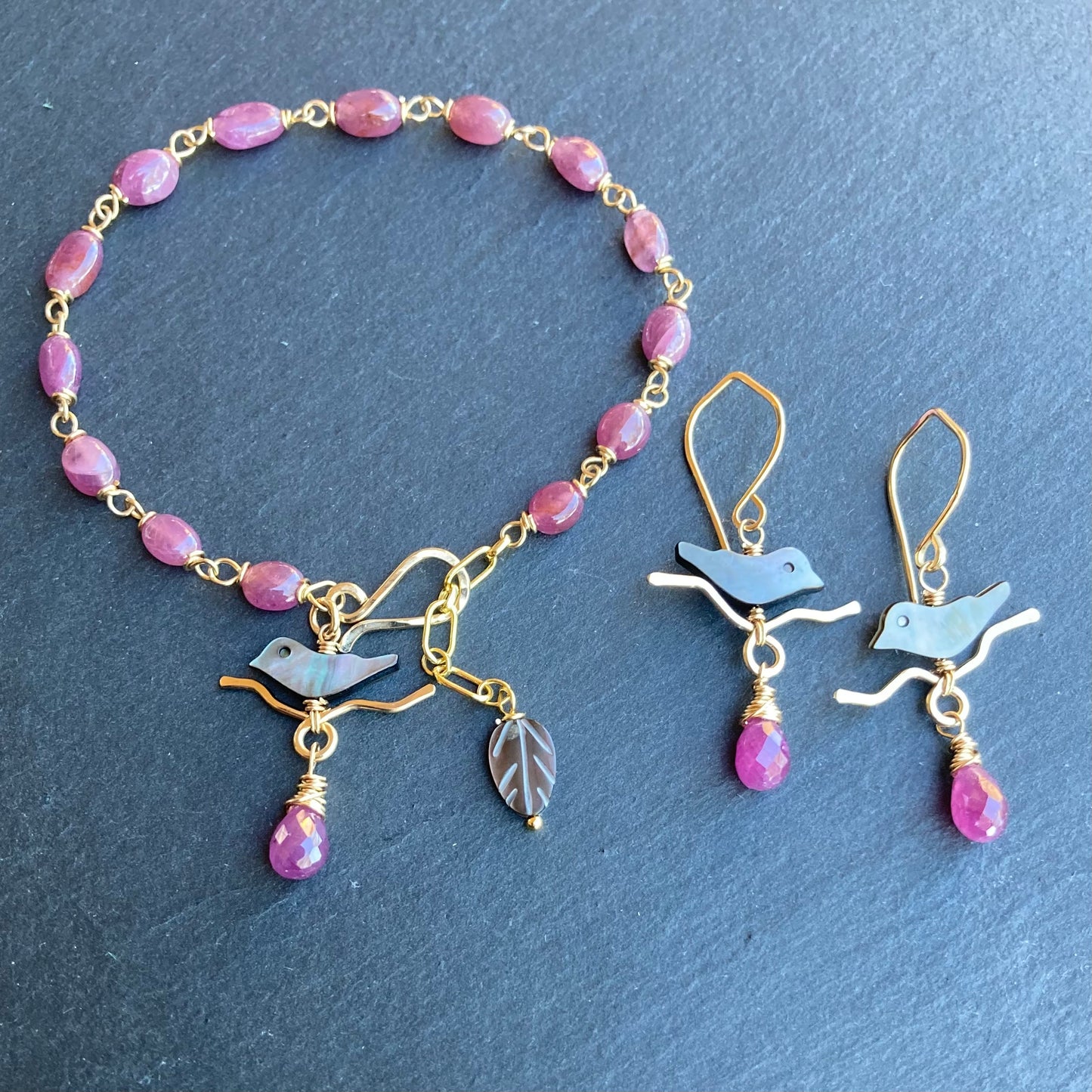 Black Mother of Pearl, Ruby & Gold Autumn Branches Earrings