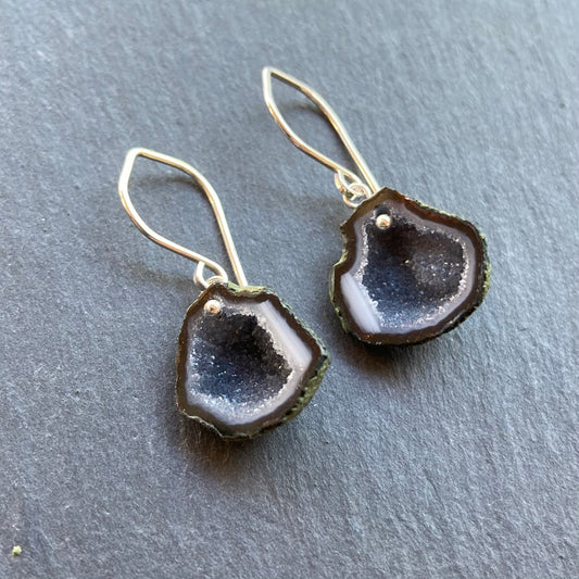 Black Druzy Geode & Sterling Silver Earrings