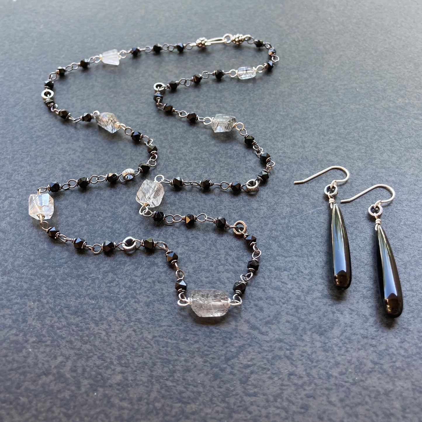 Black Rutilated Quartz, Black Onyx & Sterling Silver Necklace