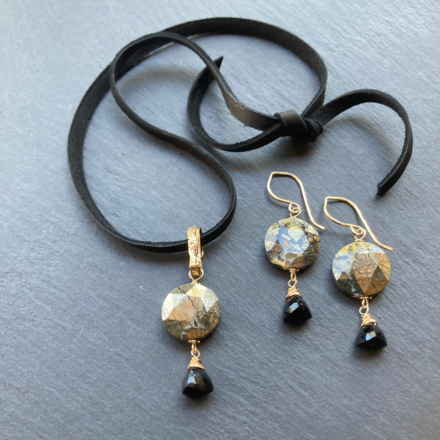 Nipomo Marcasite in Agate, Black Onyx & Bronze Deerskin Leather Choker