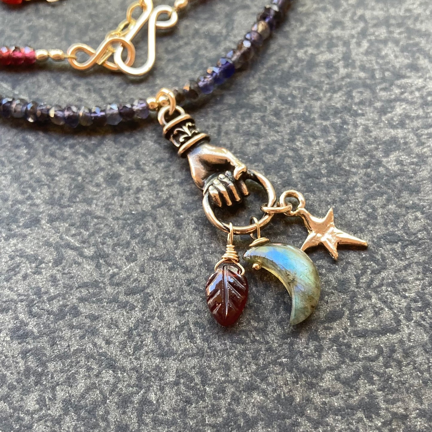 Iolite, Garnet, Gold & Bronze Earth Amulet Charm Choker