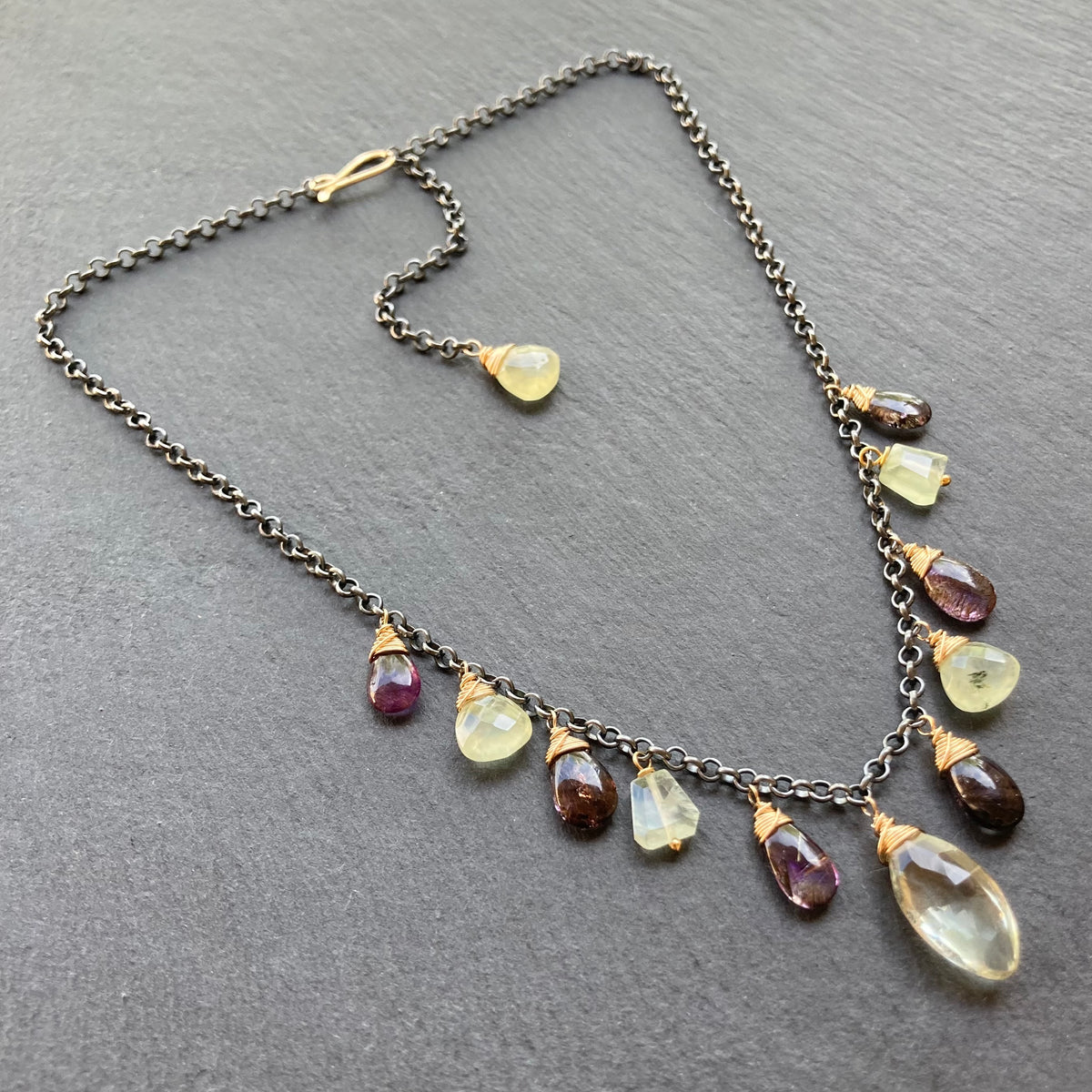 Moss Amethyst, Prehnite & Mixed Metal Charm Choker