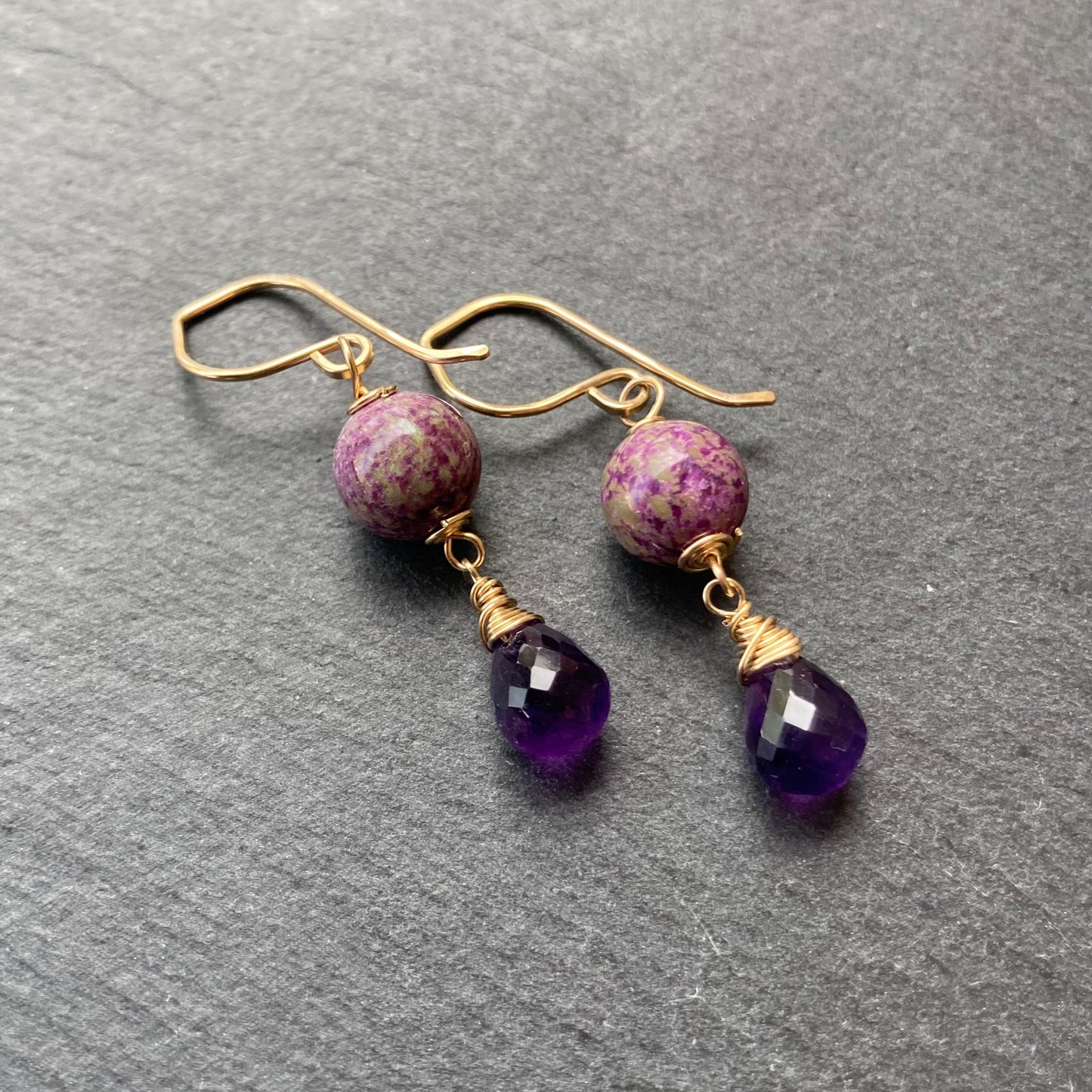 Atlantisite Stichtite, Amethyst & Gold Earrings