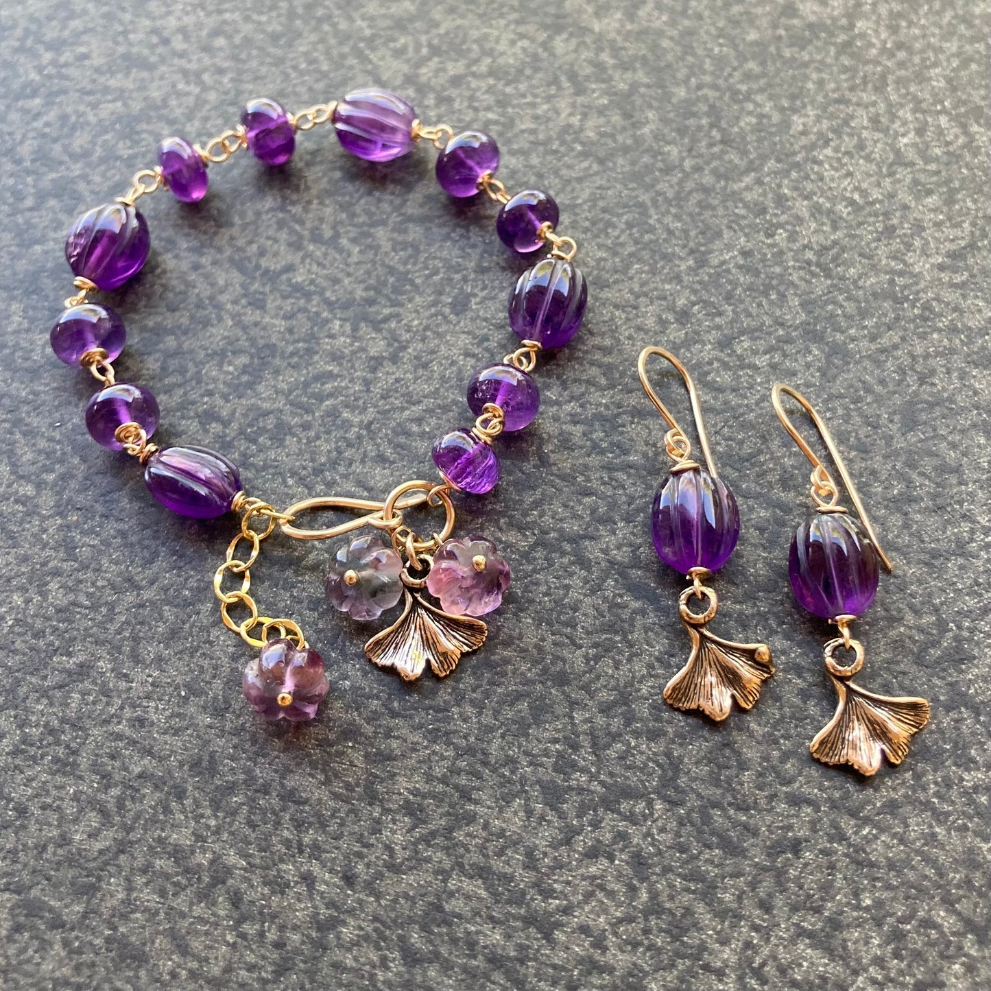 Amethyst, Fluorite, Gold & Bronze Ginkgo Flower Charm Bracelet